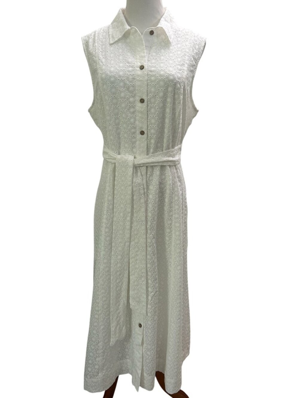 Anne Klein Women's Size 14 White Eyelet Embroidery Midi Lined Summer Shirt Dress